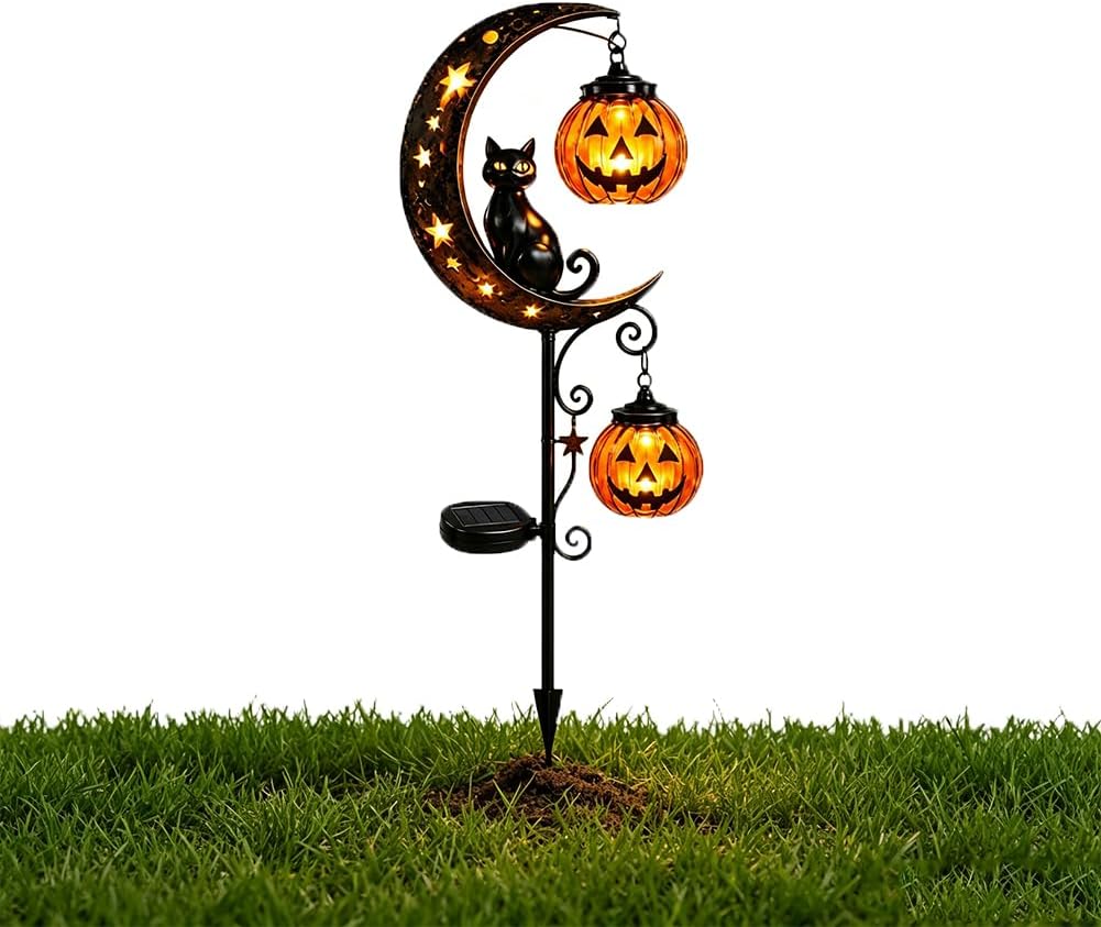 Outdoor Lighting Black - Solar-Halloween-Gartenleuchte mit Schwarzer Katze, Kürbis und